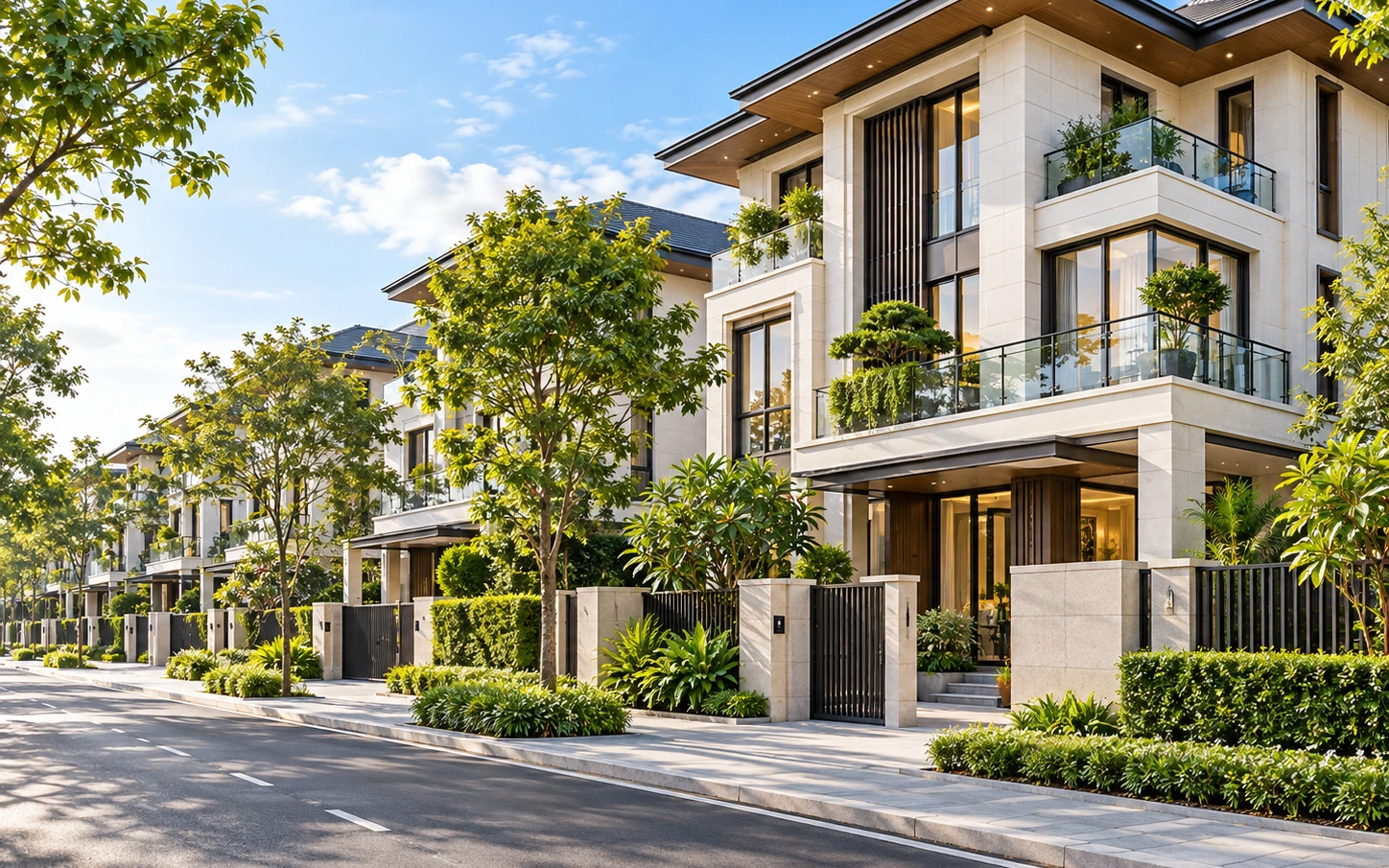 Mặt tiền nhà phố và cảnh quan cây xanh